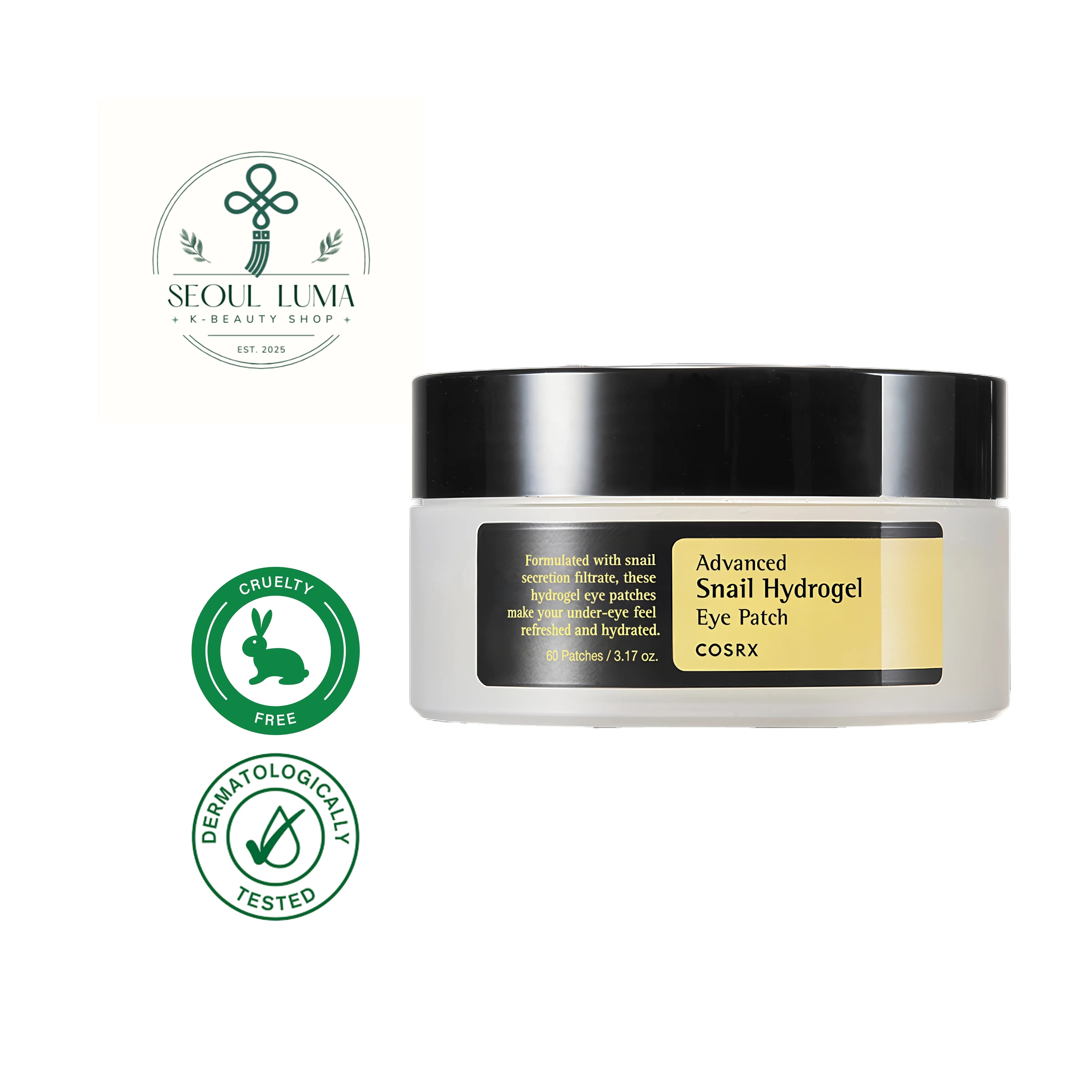COSRX Advanced Snail Hydrogel Eye Patch 60 Patches - Hydrating eye patches with 20,400ppm Snail Mucin and Niacinamide for plump and bright under-eyes